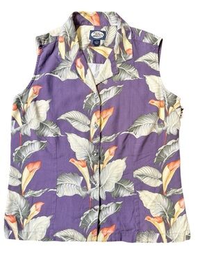 Tommy Bahama Medium 100% SILK Purple Tropical Sleeveless Button-Down Shirt